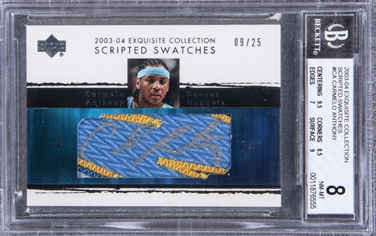 2003-04 UD "Exquisite Collection" Scripted Swatches #CA Carmelo Anthony Signed Rookie Card (#09/25) - BGS NM-MT 8/BGS 9